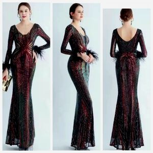 Red and Black Long Sleeve Scoop Neck Wedding Gown
